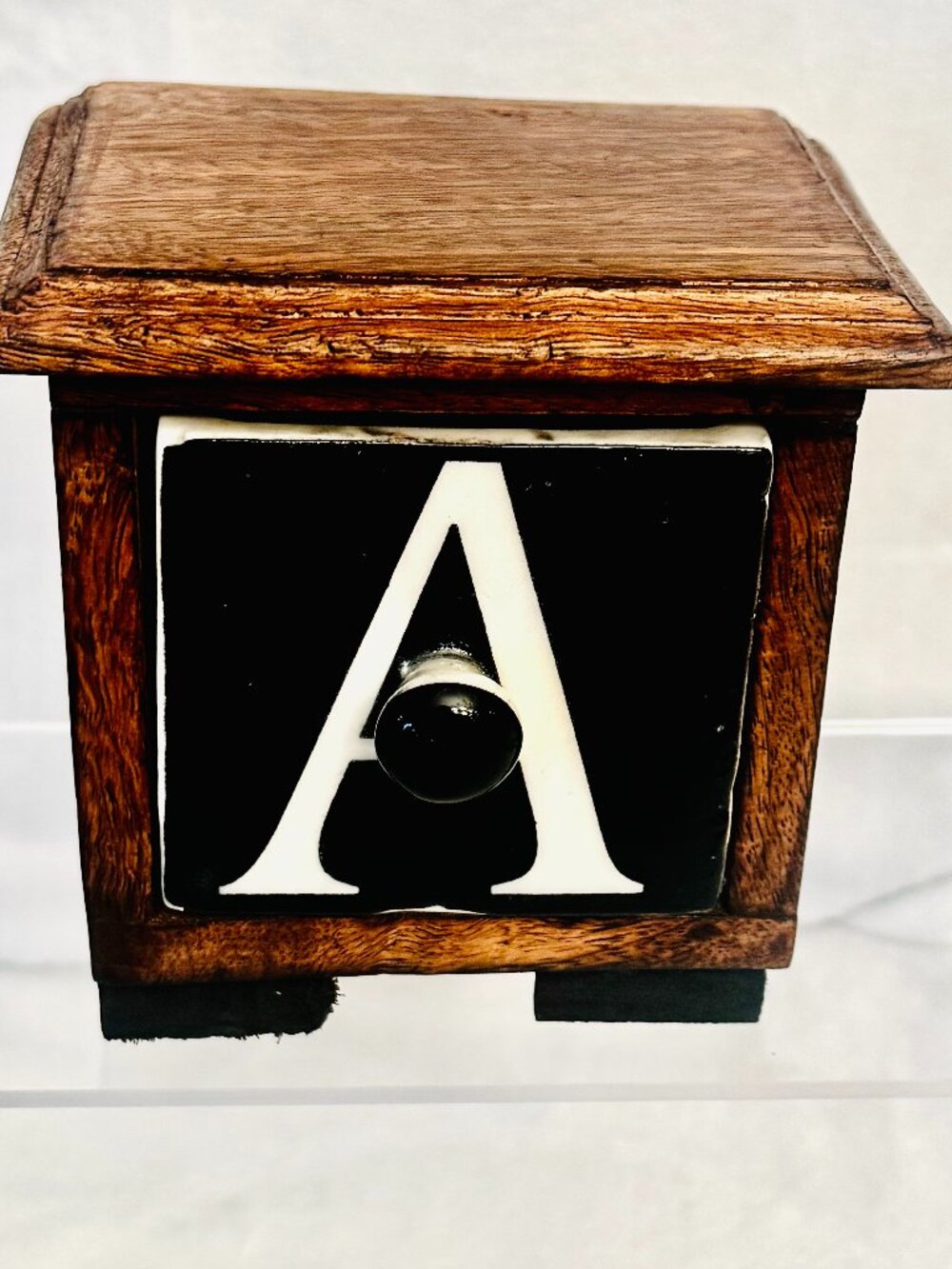 Wooden 4.75" Trinket Box Letter A Ceramic Drawer MG Decor Madhu's Collection